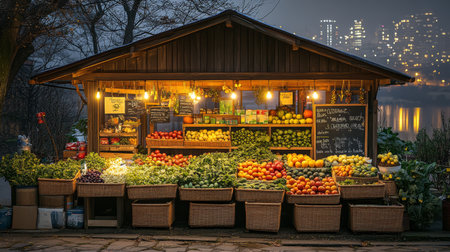 Sustainable Urban Farming Stand Showcases Fresh Produce in a Smart City at Dusk by the River With Glowing Lights Generative AIの素材