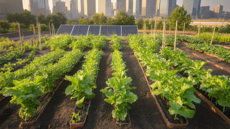 Urban Farming Promotes Sustainability in a Smart City With Solar Panels and Hydroponics Generative AIの素材