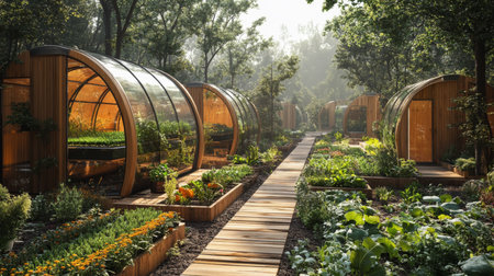 Innovative Urban Farming Structures Showcase Sustainable Agriculture and Hydroponics in a Green Smart City Setting Generative AIの素材