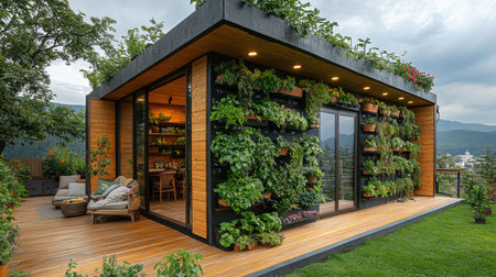 Innovative Sustainable Home Featuring Vertical Gardens in a Vibrant Urban Environment for Enhancing Eco Friendliness and Self Sufficiency Generative AIの素材