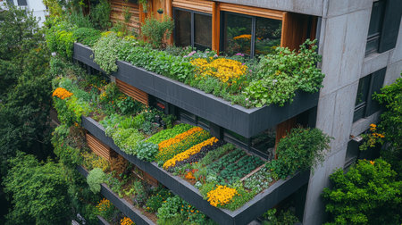 Urban Vertical Garden Promotes Sustainability Through Hydroponic Agriculture and Renewable Practices in a Green Smart City Setting Generative AIの素材