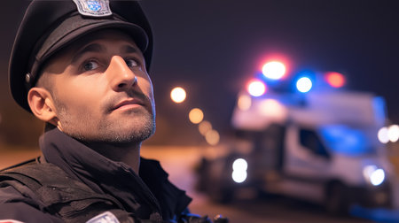 Government Security Officers Patrol Urban Areas at Night to Enforce Regulations and Ensure Public Safety While Monitoring Potential Threats Generative AIの素材