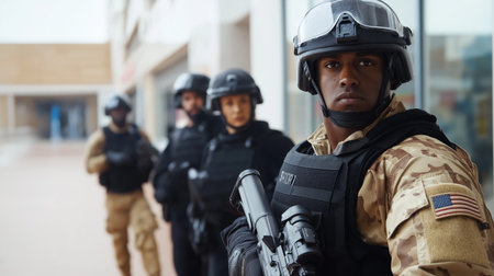 Security Officers Conduct Patrol and Enforcement Operations to Ensure Safety and Compliance in a Public Area During Daytime Hours Generative AIの素材