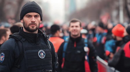 Security Officers Conduct Patrol and Enforcement Activities in a Public Space During a Large Gathering in an Urban Environment Generative AIの素材