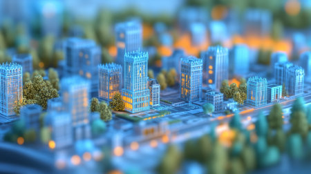 Urban Landscape Featuring a Miniature City Model With Intricate Buildings and Soft Lighting in a Dynamic Setup Generative AIの素材