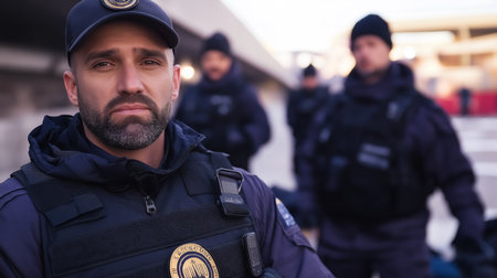 Security Officers Conduct Patrol and Enforcement Activities at a Government Facility to Ensure Public Safety and Maintain Regulation Compliance Generative AIの素材