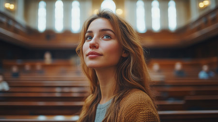 Young Woman Gazes Thoughtfully in a Courtroom During a Legal Proceeding in the Morning Light Generative AIの素材