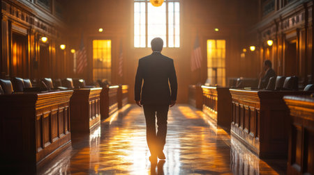 Man Walks Through Historic Courthouse Bathed in Warm Sunlight Showcasing Architectural Details and a Sense of Contemplation Generative AIの素材