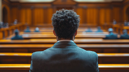 Courtroom Session With a Focus on a Young Man in Formal Attire Observing Proceedings in a Quiet, Wooden Paneled Setting Generative AIの素材