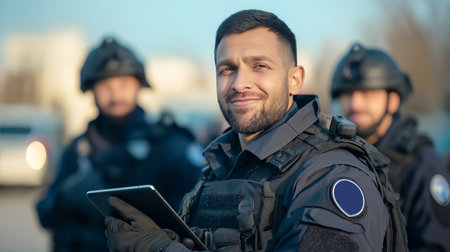 Security Officers Conduct Patrol in Urban Area While Monitoring Activities and Ensuring Public Safety During the Afternoon Hours Generative AIの素材