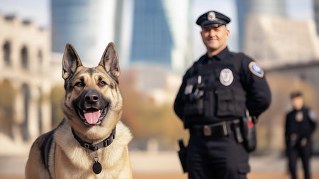 Law Enforcement Officers With a Police Dog Patrol an Urban Area, Ensuring Community Safety and Security for Citizens During the Day Generative AIの素材
