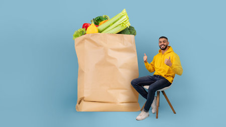 Grocery shopping experience with fresh produce and a satisfied customerの写真素材