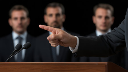 Three Men in Suits Observe as a Speaker Gestures With a Hand Pointing During a Formal Presentation in a Conference Setting Generative AIの素材