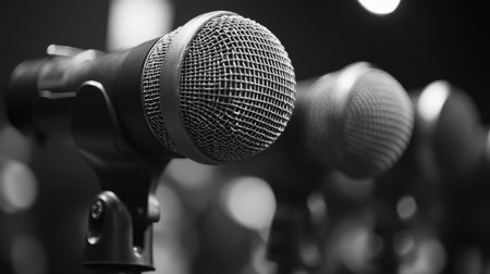 Close up View of Multiple Microphones Arranged on Stands in a Dimly Lit Venue Preparing for a Live Performance or Recording Session Generative AIの素材