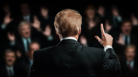 Political Rally Showcasing a Speaker Engaging a Crowd, Emphasizing Enthusiasm and Connection in a Large Venue During Evening Hours Generative AIの素材