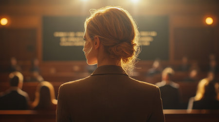 Female Lawyer Stands in Courtroom Delivering Closing Arguments While Jury Listens Attentively and Lights Illuminate the Space Generative AIの素材