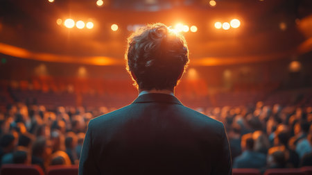 Person Standing Before a Large Audience at an Evening Theater Performance in a Well Lit Venue With Bright Stage Lights Generative AIの素材