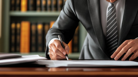 Business Professional Signs Legal Documents in Office Setting During the Daytime With Bookshelves Filled With Law Literature in the Background Generative AIの素材