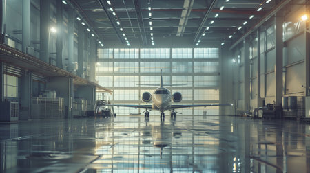 Private jet is positioned inside a large hangar, showcasing its sleek design and modern featuresの素材