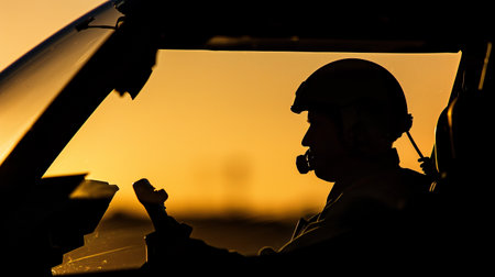 Pilot in profile seated in cockpit, focusing on controls as sunset unfolds outsideの素材