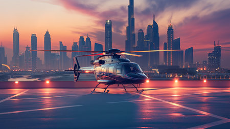 A sleek private helicopter sits on a helipad with the Dubai skyline at sunsetの素材