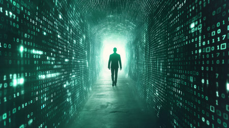 A figure approaches a bright light in a tunnel of binary code, representing digital explorationの素材