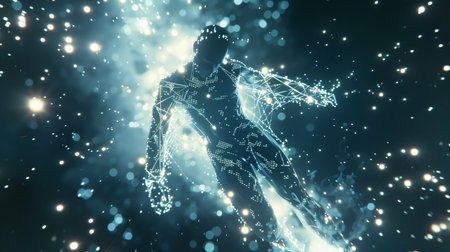 A figure symbolizes digital consciousness amidst a backdrop of stars and cosmic elementsの素材