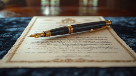 Elegant Fountain Pen Resting on an Ornate Certificate in a Vintage Setting, Capturing the Essence of Formal Documentation and Artistry Generative AIの素材
