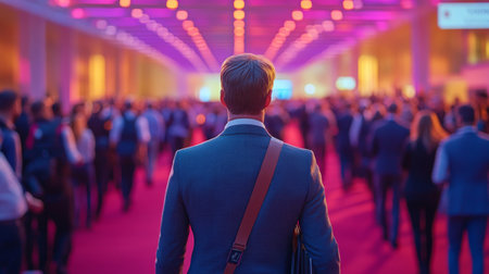 Business Professional Walking Through a Crowded Conference Hall Illuminated by Colorful Lights in the Evening Generative AIの素材