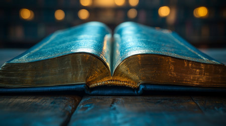 Ancient Book Rests on Wooden Surface, Illuminated by Warm Light in a Cozy Library Setting During the Evening Hours Generative AIの素材