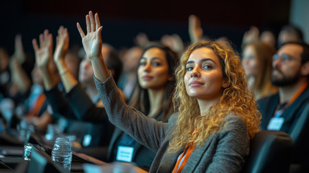 Attendees Participate in a Lively Conference Session With Hands Raised for Questions and Engagement in a Bustling Auditorium Generative AIの素材