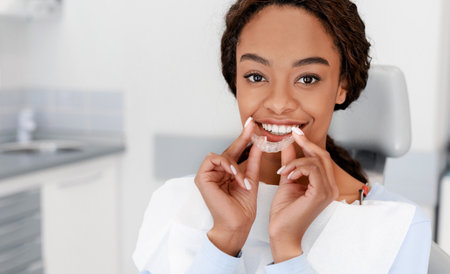 Smiling black girl holding invisible aligner, modern teeth trainer