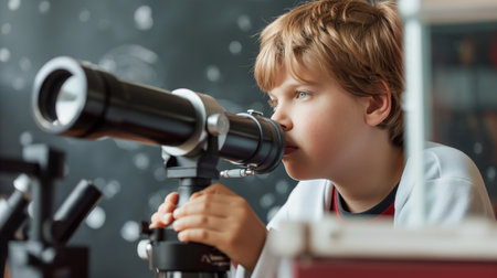 A boy studies the stars through a telescope in a classroom filled with educational toolsの素材