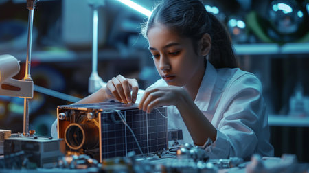 A focused student works on a technology project, assembling components for a learning deviceの素材