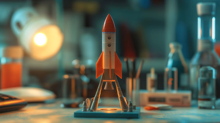 A rocket model on a workspace surrounded by learning materials and tools for educational projectsの素材