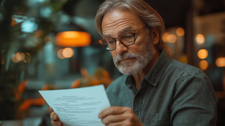 Senior Man Reviews Government Approval Application Forms in a Cozy Cafe During the Afternoon Generative AIの素材