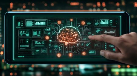 Digital Interface Displays a Neural Network Visualization With Analytical Data in a Futuristic Urban Setting at Night Generative AIの素材