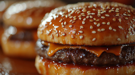 Juicy Burger With Melted Cheese and Sesame Bun Sitting on a Wooden Table, Showcasing Deliciousness and Comfort Food Appeal Generative AIの素材