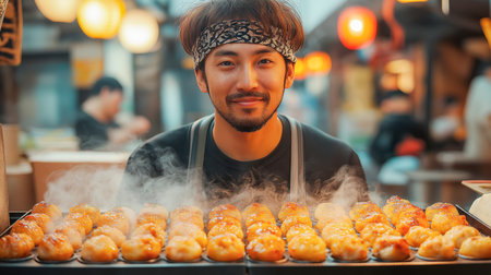 Street Vendor Showcases Freshly Prepared Dumplings at Busy Night Market in Asia During Vibrant Evening Hours Generative AIの素材