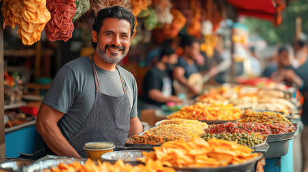 Vibrant Market Scene With a Smiling Vendor Showcasing a Colorful Array of Dried Fruits and Spices at a Bustling Open Air Market in the Afternoon Sun Generative AIの素材