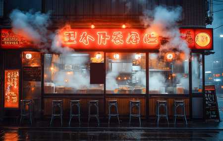 Vibrant Street Food Stall Illuminated by Neon Lights in a Bustling Urban Area During a Rainy Evening Generative AIの素材