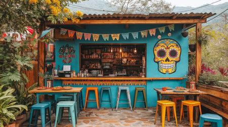 Colorful Outdoor Cafe With Vibrant Decor and Traditional Seating in a Serene Natural Setting Generative AIの素材