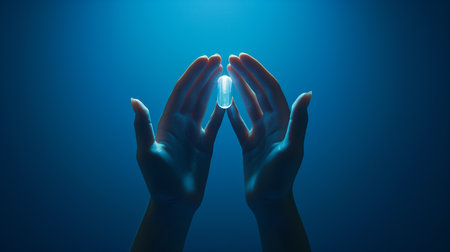 Hands hold a capsule amidst a blue backdrop, symbolizing breakthroughs in longevity researchの素材