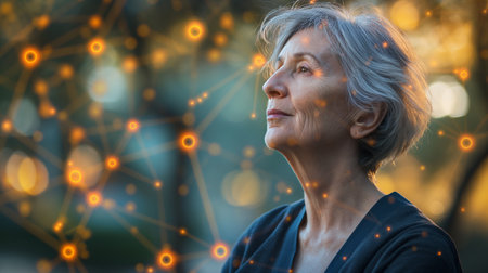 An elderly woman reflects on advancements in geroprotectors and senolytics aimed at longevityの素材
