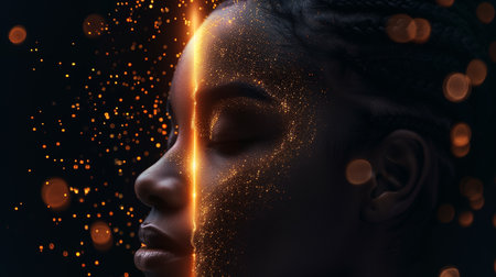 A face glimmers with sparkles, representing the intersection of science and longevity researchの素材