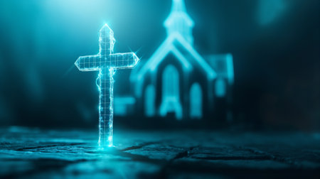 A glowing wireframe cross stands before a futuristic church, merging sacred and modern designの素材
