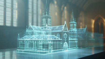 A transparent futuristic cathedral projection shines with glowing light in a sacred atmosphereの素材