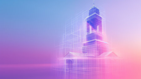 A striking church design showcases a glowing dome and spire, highlighting modern architectureの素材