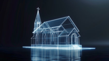 A modern chapel with a wireframe structure, glowing lines enhance its sacred design and depthの素材