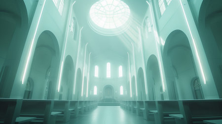 A modern chapel features a luminous dome and glowing lines, inspiring a sacred atmosphereの素材